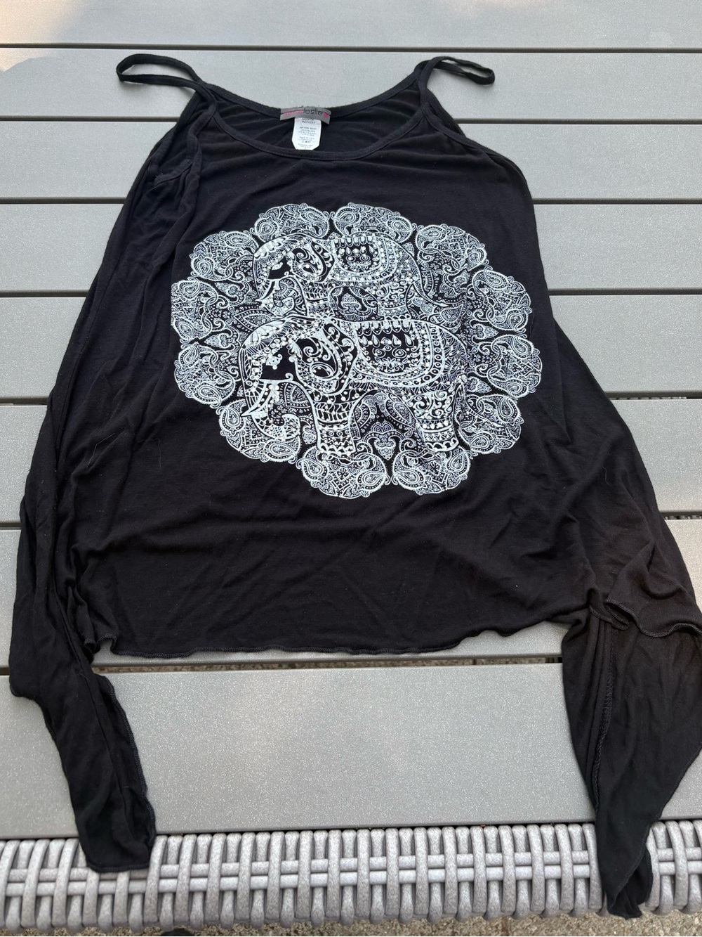 Vintage Y2K Joyce Leslie Black Asymmetrical Elephant Bling Design Tank Top Sz S.